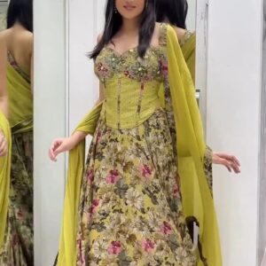 Olive Green Floral Printed Lehenga Set with Embellished Corset Blouse