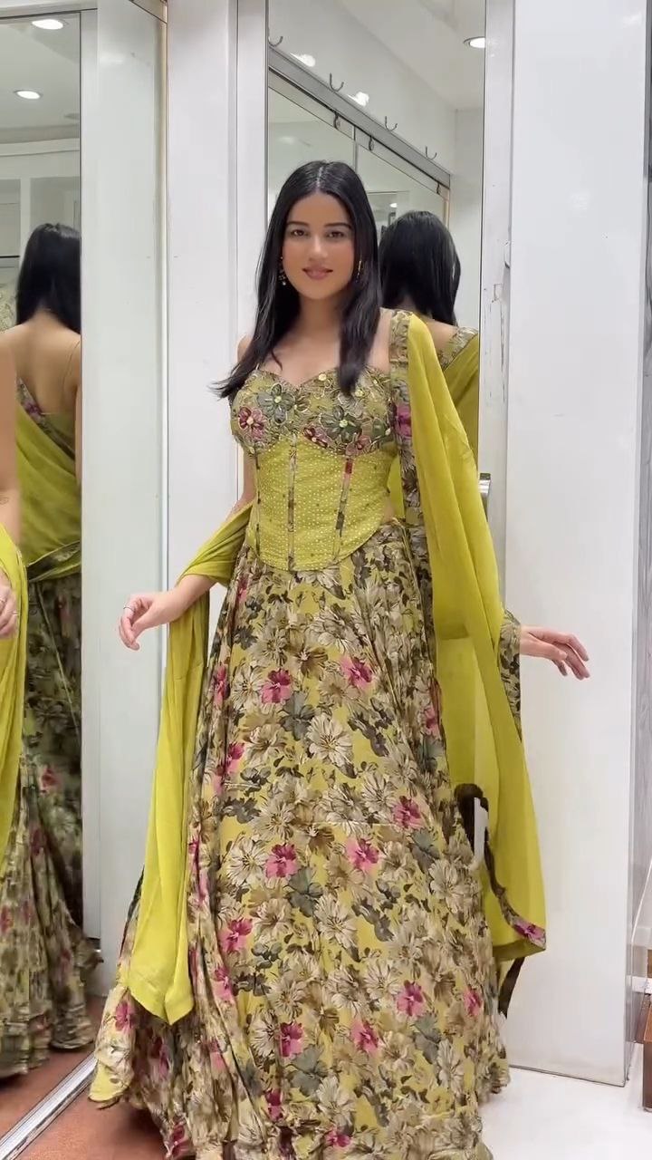 Olive Green Floral Printed Lehenga Set with Embellished Corset Blouse