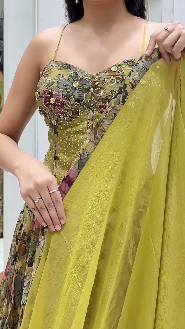 Olive Green Floral Printed Lehenga Set with Embellished Corset Blouse - Image 5