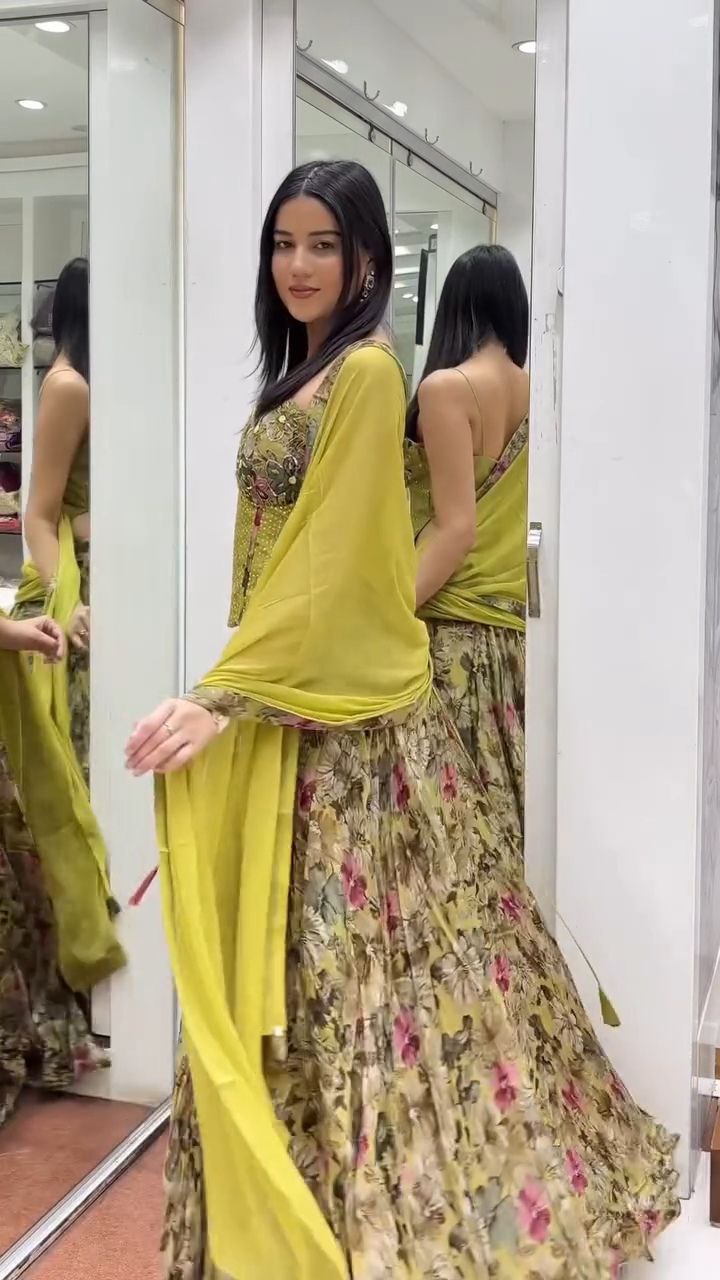 Olive Green Floral Printed Lehenga Set with Embellished Corset Blouse - Image 3