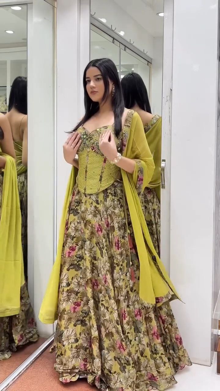 Olive Green Floral Printed Lehenga Set with Embellished Corset Blouse - Image 4
