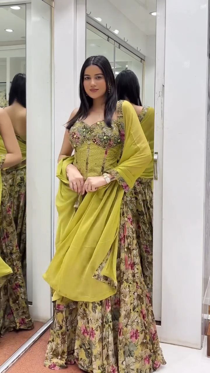Olive Green Floral Printed Lehenga Set with Embellished Corset Blouse - Image 2
