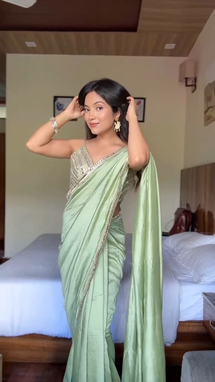 Pistachio Green Satin Saree with Embellished Border and Blouse