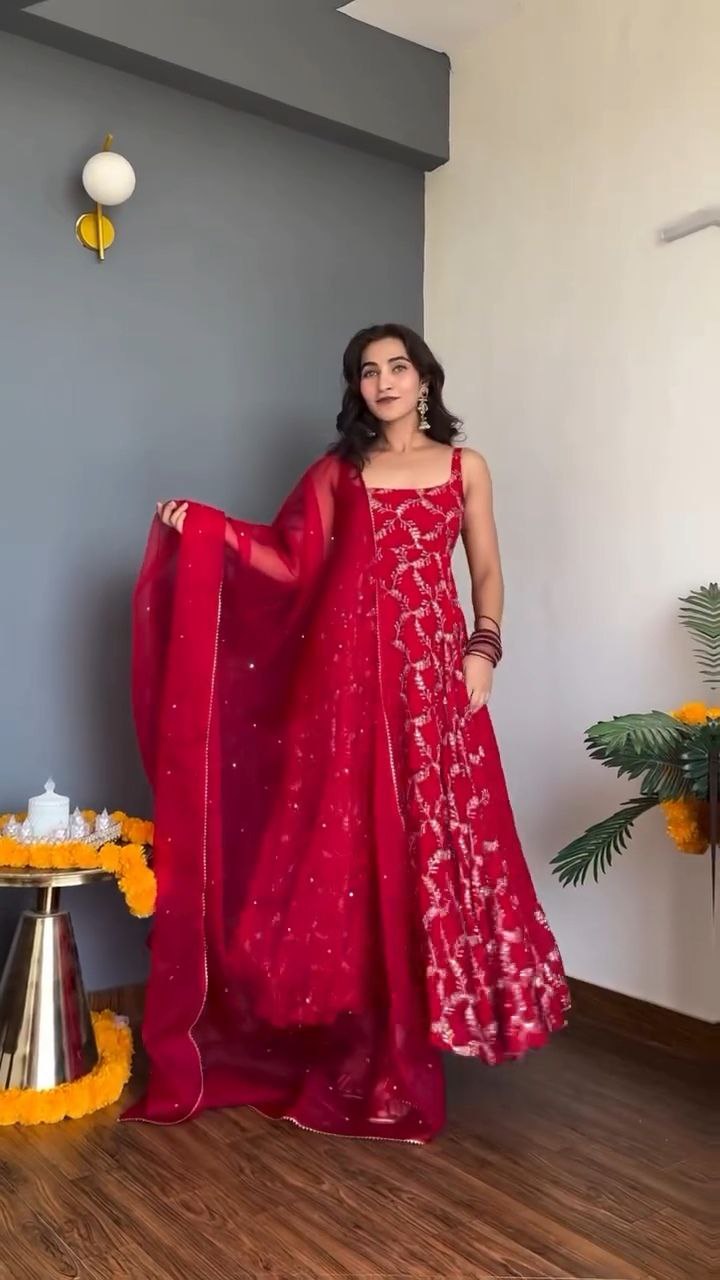 Scarlet Red Embroidered Georgette Anarkali Set with Dupatta