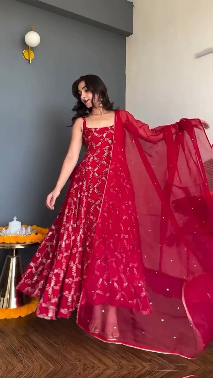Scarlet Red Embroidered Georgette Anarkali Set with Dupatta - Image 2