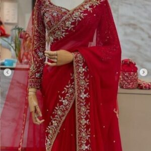 Red Wedding Handwork saree Original Zardosi Crystal Bollywood Indian Style