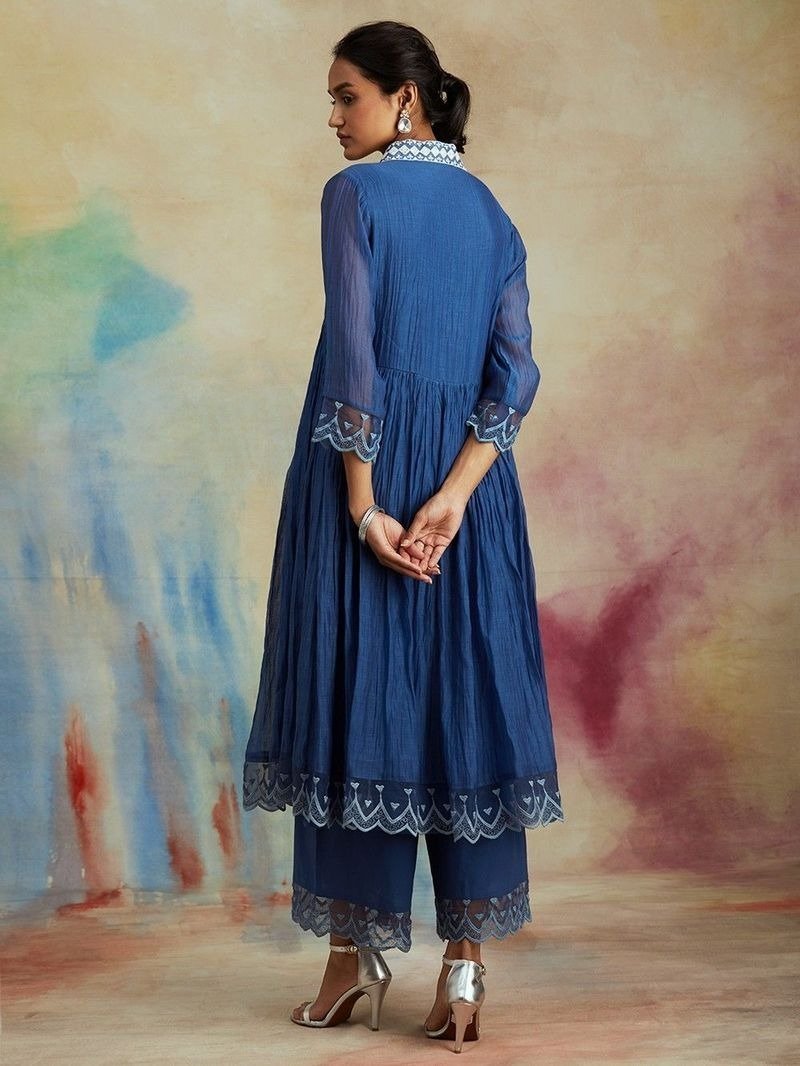 Blue Embroidered Chanderi Gathered Kurta with Cotton Pants - Image 4