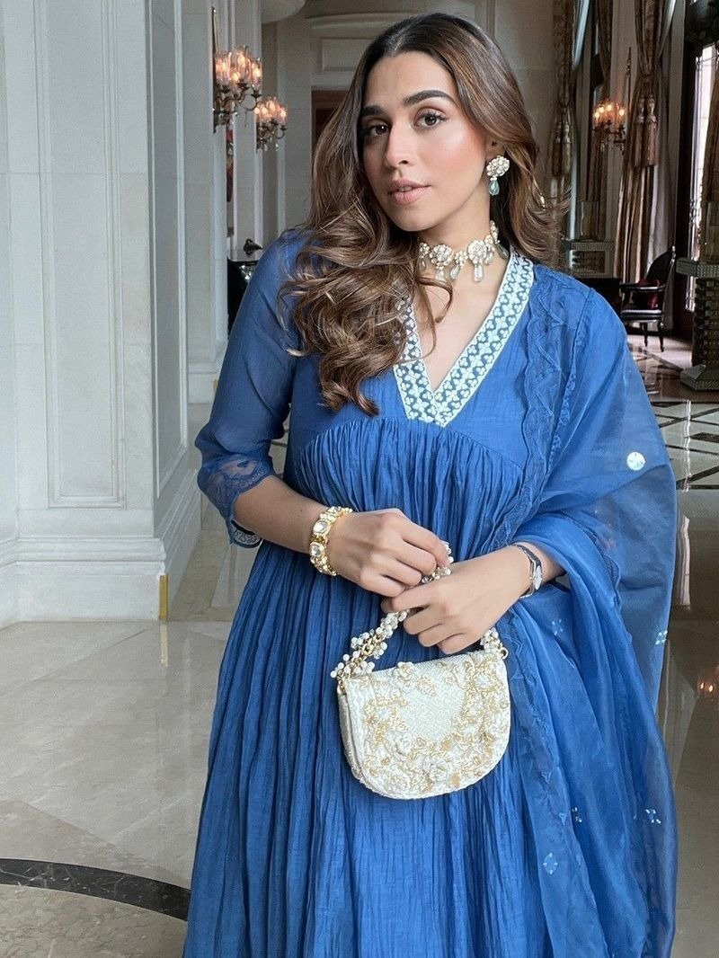 Blue Embroidered Chanderi Gathered Kurta with Cotton Pants