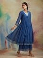 Blue Embroidered Chanderi Gathered Kurta with Cotton Pants - Image 2