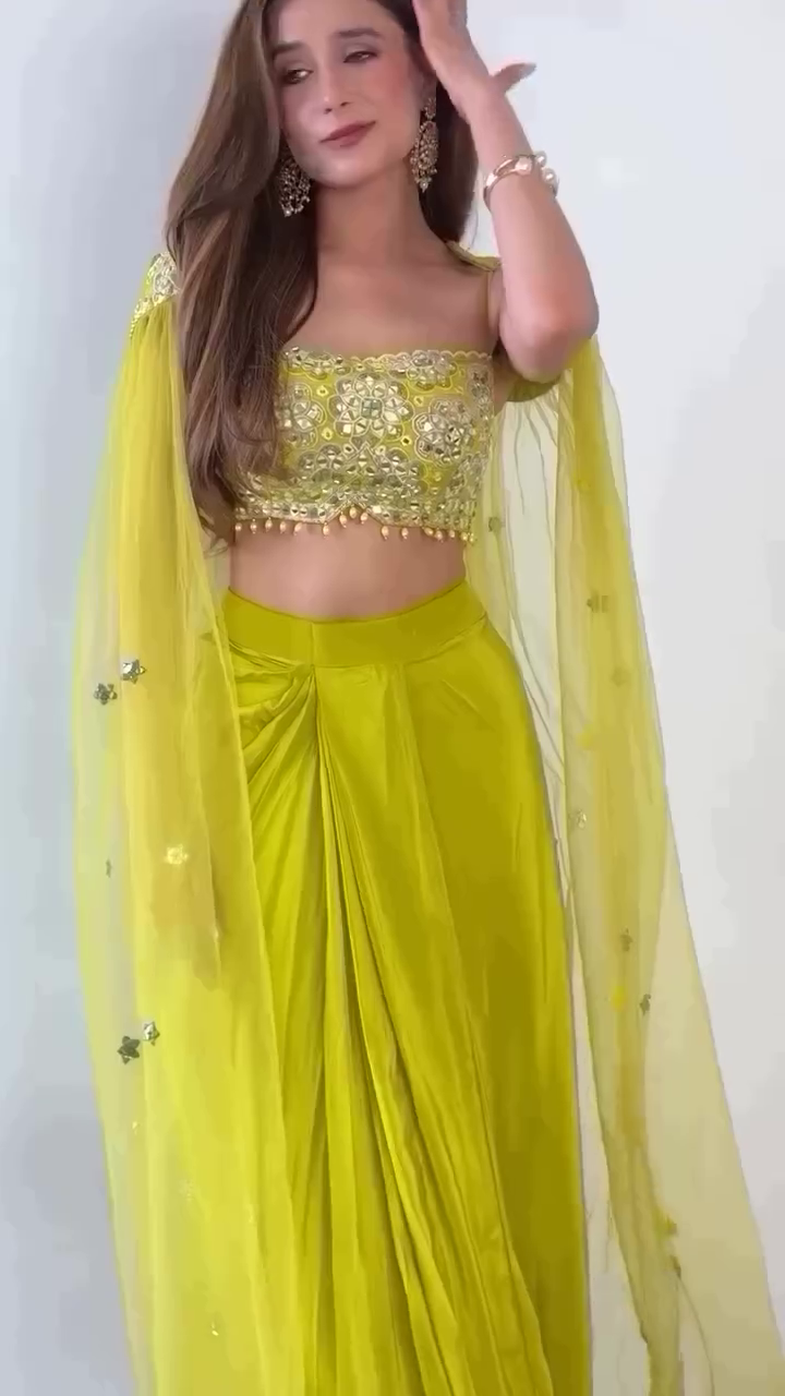 Embroidered Mirror Work Crop Top With Palazzo & Dupatta - Image 2