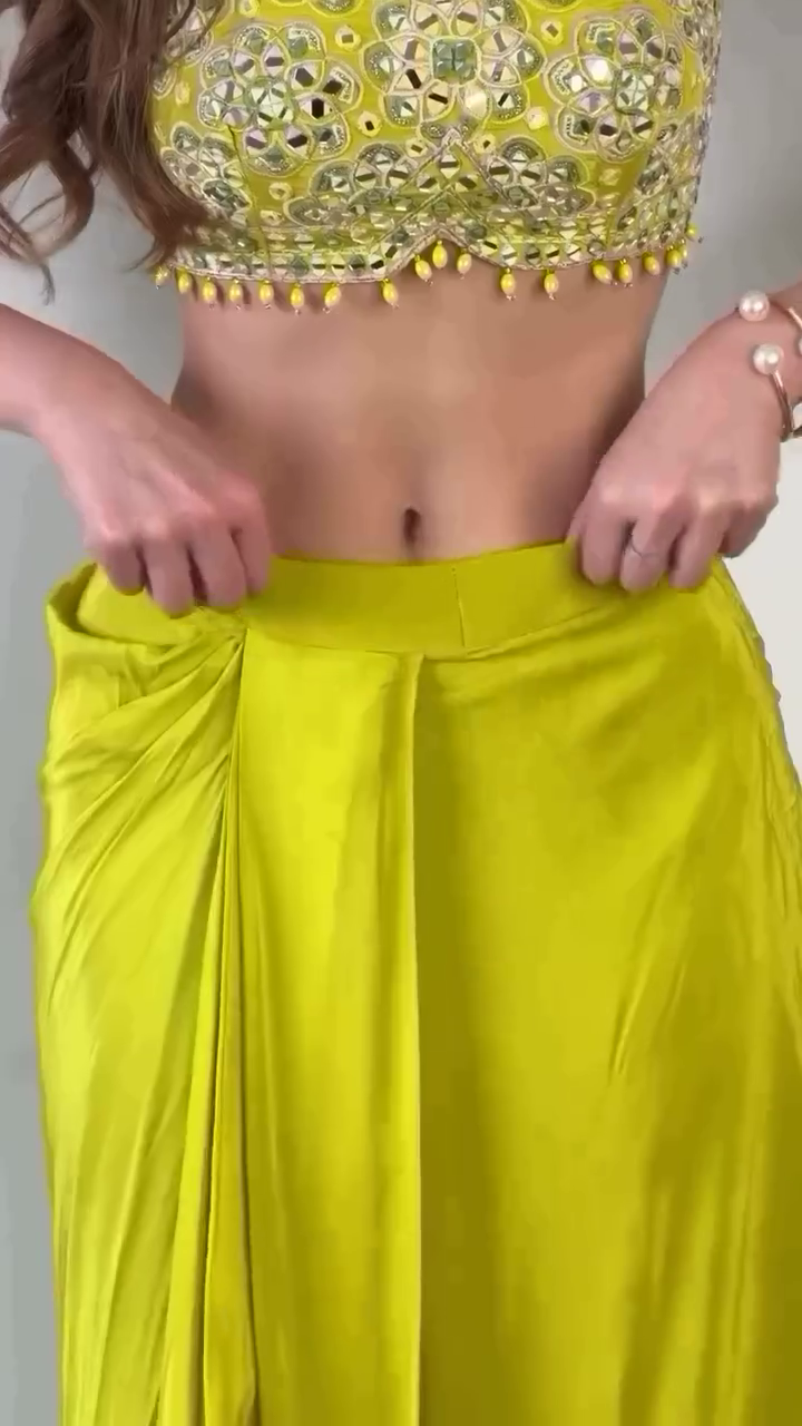 Embroidered Mirror Work Crop Top With Palazzo & Dupatta - Image 3