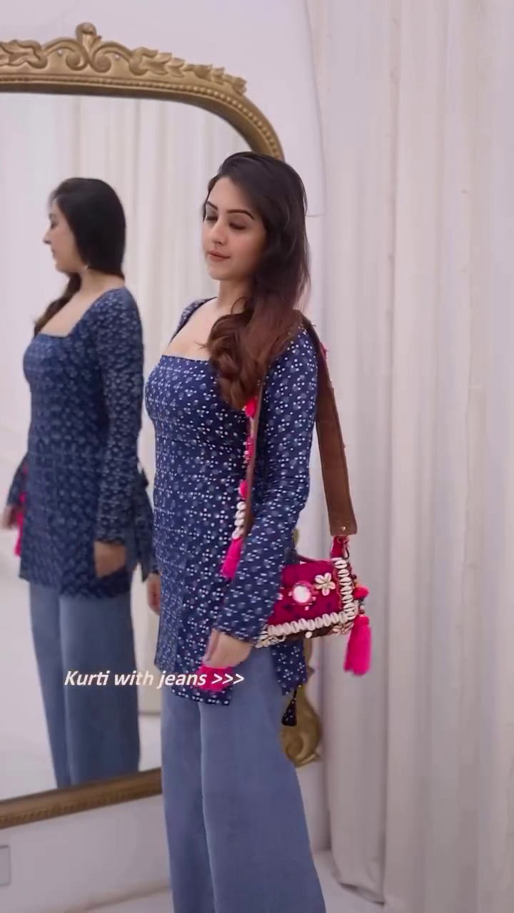 Blue Square Neck Printed Kurti with Full Sleeves