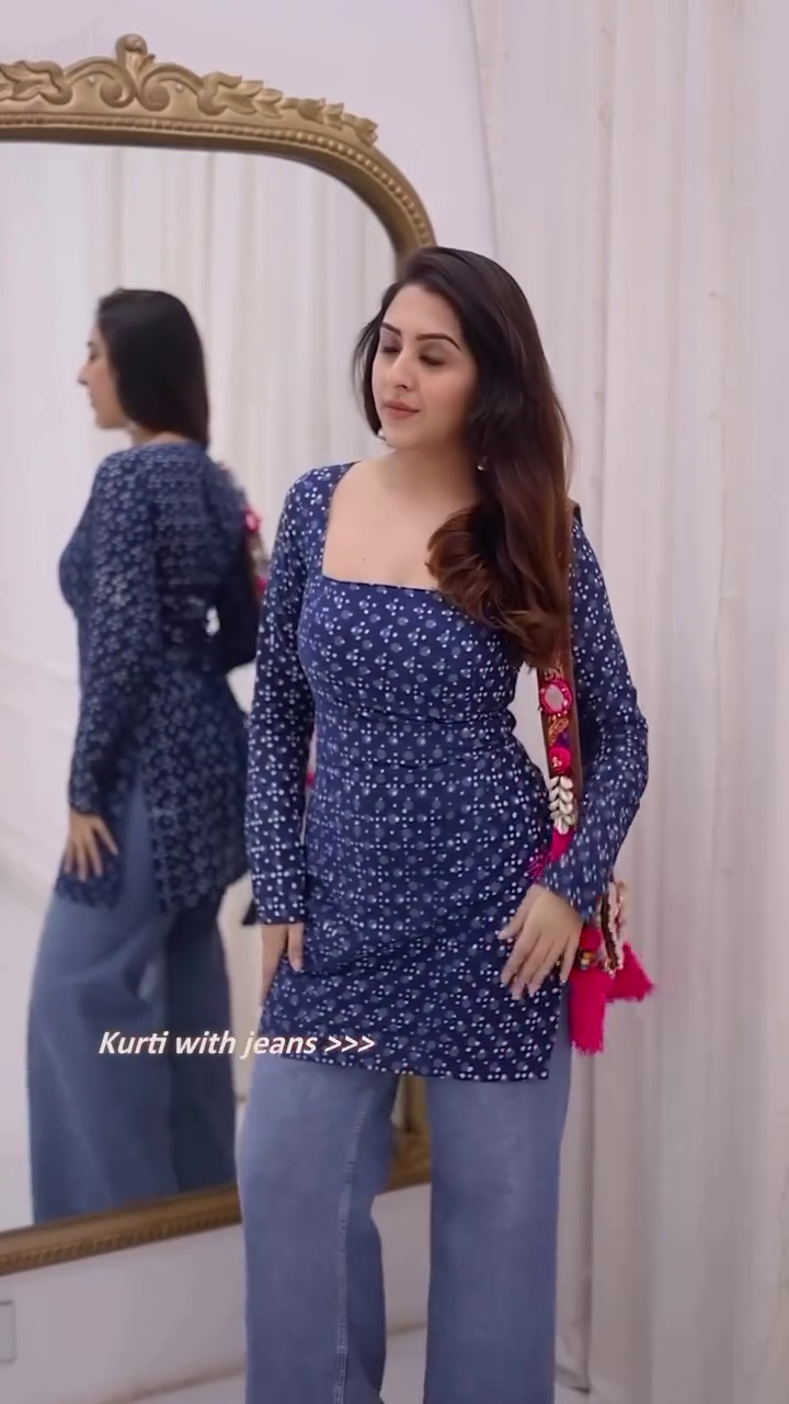 Blue Square Neck Printed Kurti with Full Sleeves - Image 3