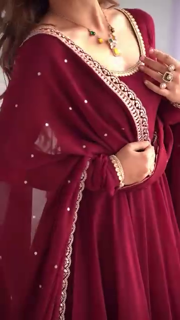 Maroon Heavy Georgette Anarkali Suit Set with Mirror Border Dupatta - Image 4