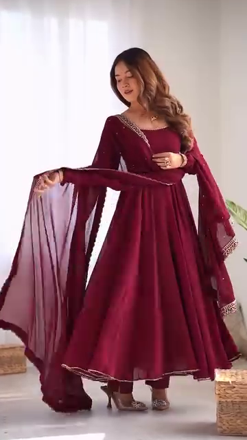 Maroon Heavy Georgette Anarkali Suit Set with Mirror Border Dupatta - Image 5