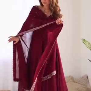 Maroon Heavy Georgette Anarkali Suit Set with Mirror Border Dupatta