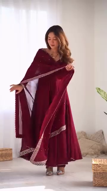 Maroon Heavy Georgette Anarkali Suit Set with Mirror Border Dupatta