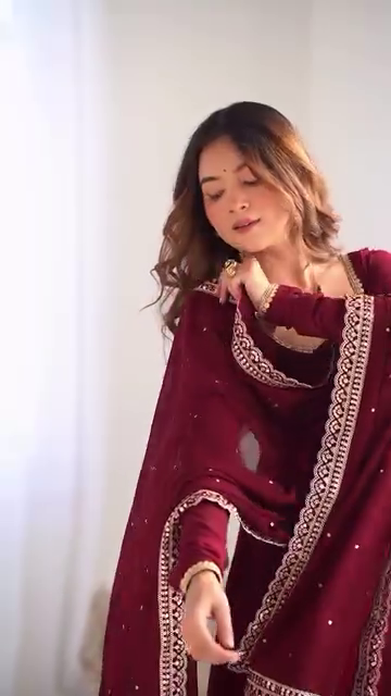 Maroon Heavy Georgette Anarkali Suit Set with Mirror Border Dupatta - Image 8