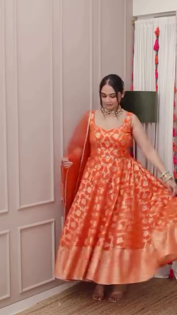 Orange Banarasi Jacquard Silk Anarkali Gown Set with Net Dupatta - Image 2