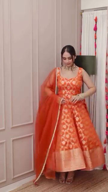 Orange Banarasi Jacquard Silk Anarkali Gown Set with Net Dupatta