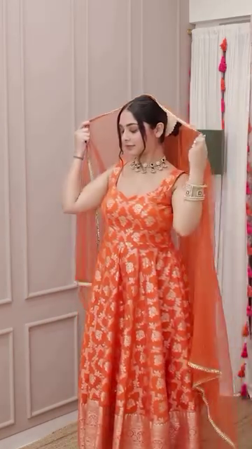 Orange Banarasi Jacquard Silk Anarkali Gown Set with Net Dupatta - Image 3