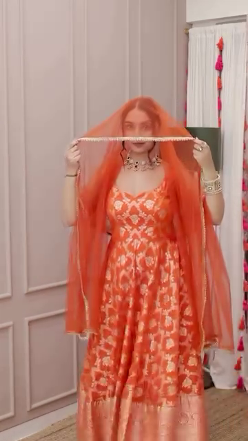 Orange Banarasi Jacquard Silk Anarkali Gown Set with Net Dupatta - Image 4