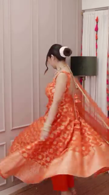 Orange Banarasi Jacquard Silk Anarkali Gown Set with Net Dupatta - Image 6