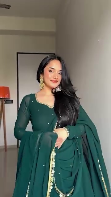 Bottle Green Georgette Anarkali Suit Set with Gota & Shell Lace Detailing - Image 5