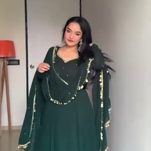 Bottle Green Georgette Anarkali Suit Set with Gota & Shell Lace Detailing