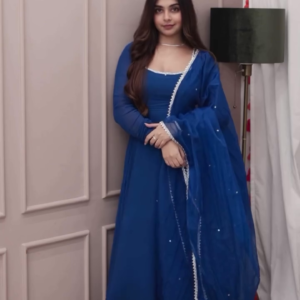 Royal Blue Georgette Anarkali Suit Set with Mirror Lace Dupatta