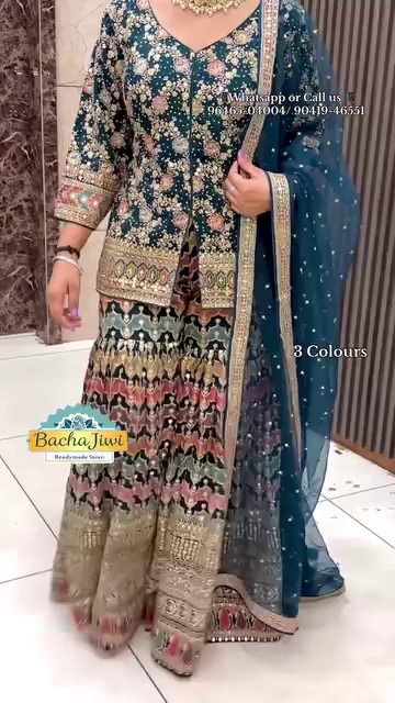 Heavy Embroidered Sharara Set ? Red, Navy Blue, Teal - Image 3