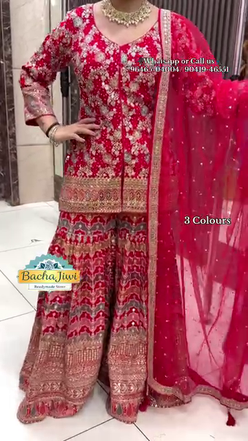 Heavy Embroidered Sharara Set ? Red, Navy Blue, Teal