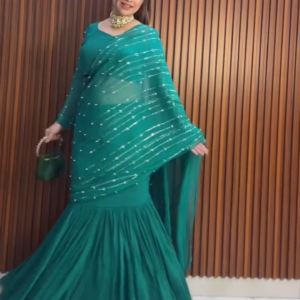 Bottle Green Ruffle Saree Gown with Sequin Detailing