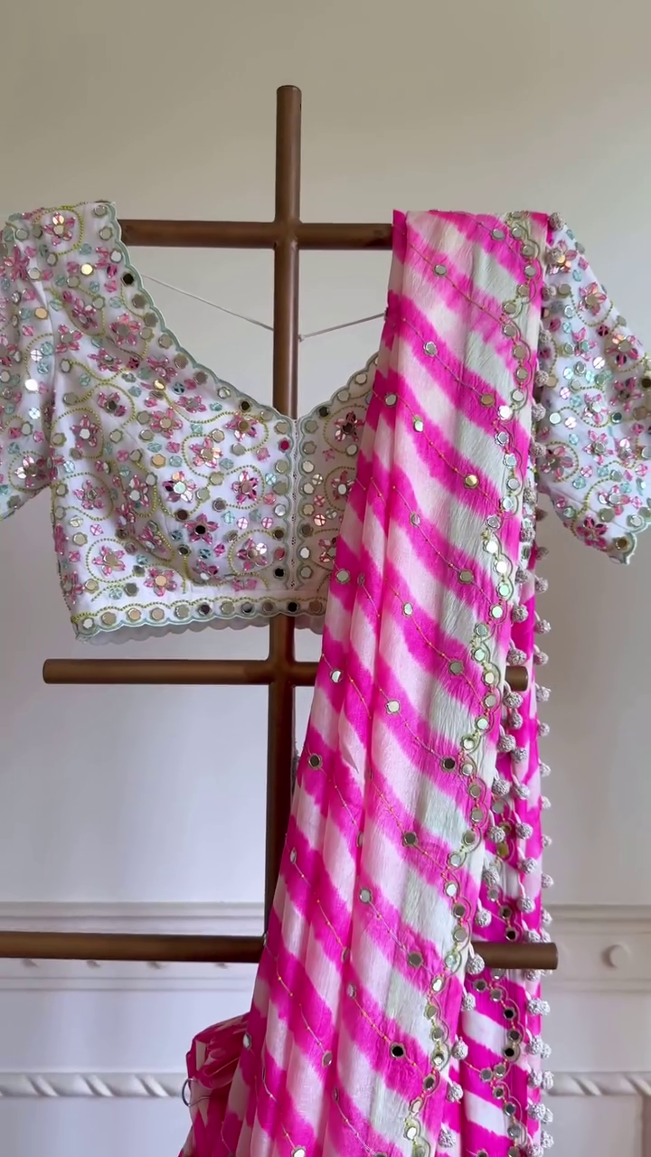 Pink Bandhani Mirror Work Lehenga Set with Embroidered Blouse - Image 5