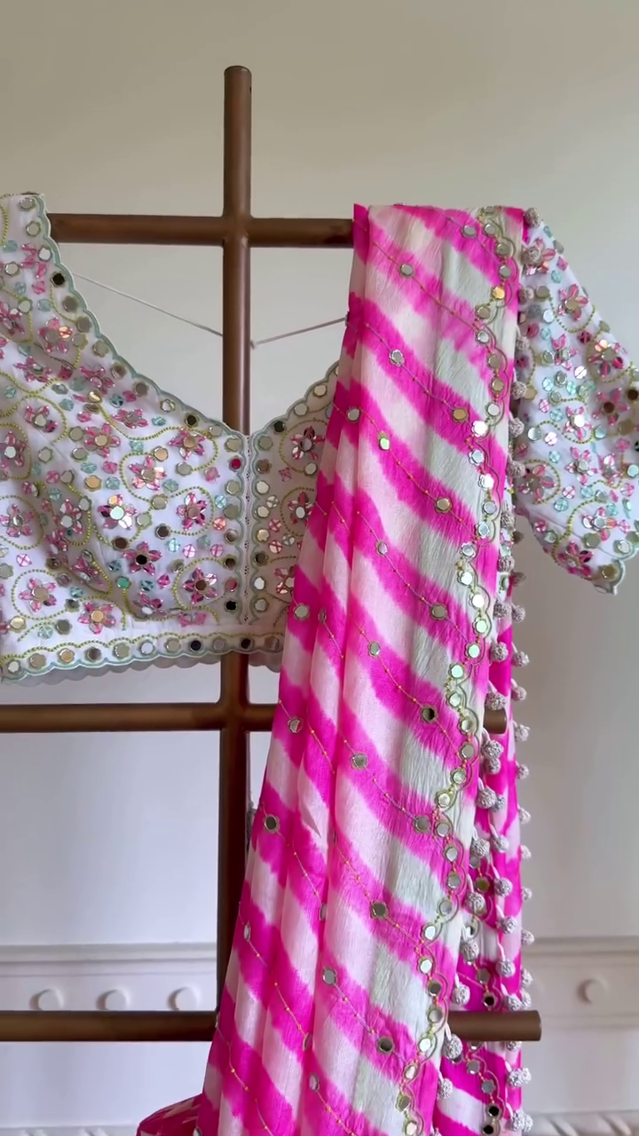 Pink Bandhani Mirror Work Lehenga Set with Embroidered Blouse