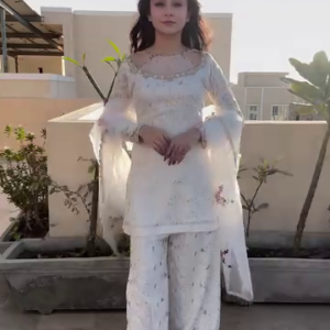 White Floral Embroidered Organza Suit Set with Palazzo and Dupatta