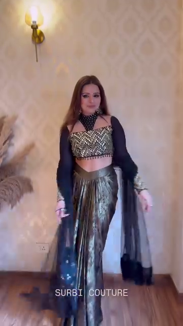 Black & Metallic Gold Draped Skirt with Embroidered Crop Top and Sheer Cape - Image 4