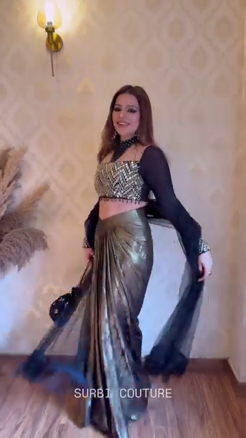 Black & Metallic Gold Draped Skirt with Embroidered Crop Top and Sheer Cape - Image 5