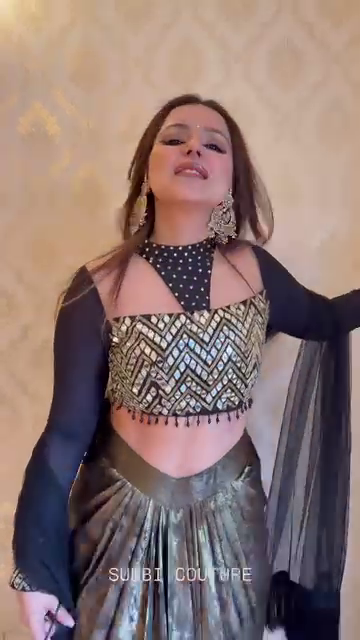 Black & Metallic Gold Draped Skirt with Embroidered Crop Top and Sheer Cape - Image 7