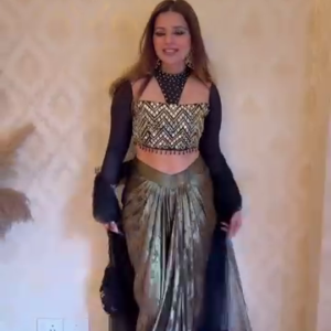 Black & Metallic Gold Draped Skirt with Embroidered Crop Top and Sheer Cape