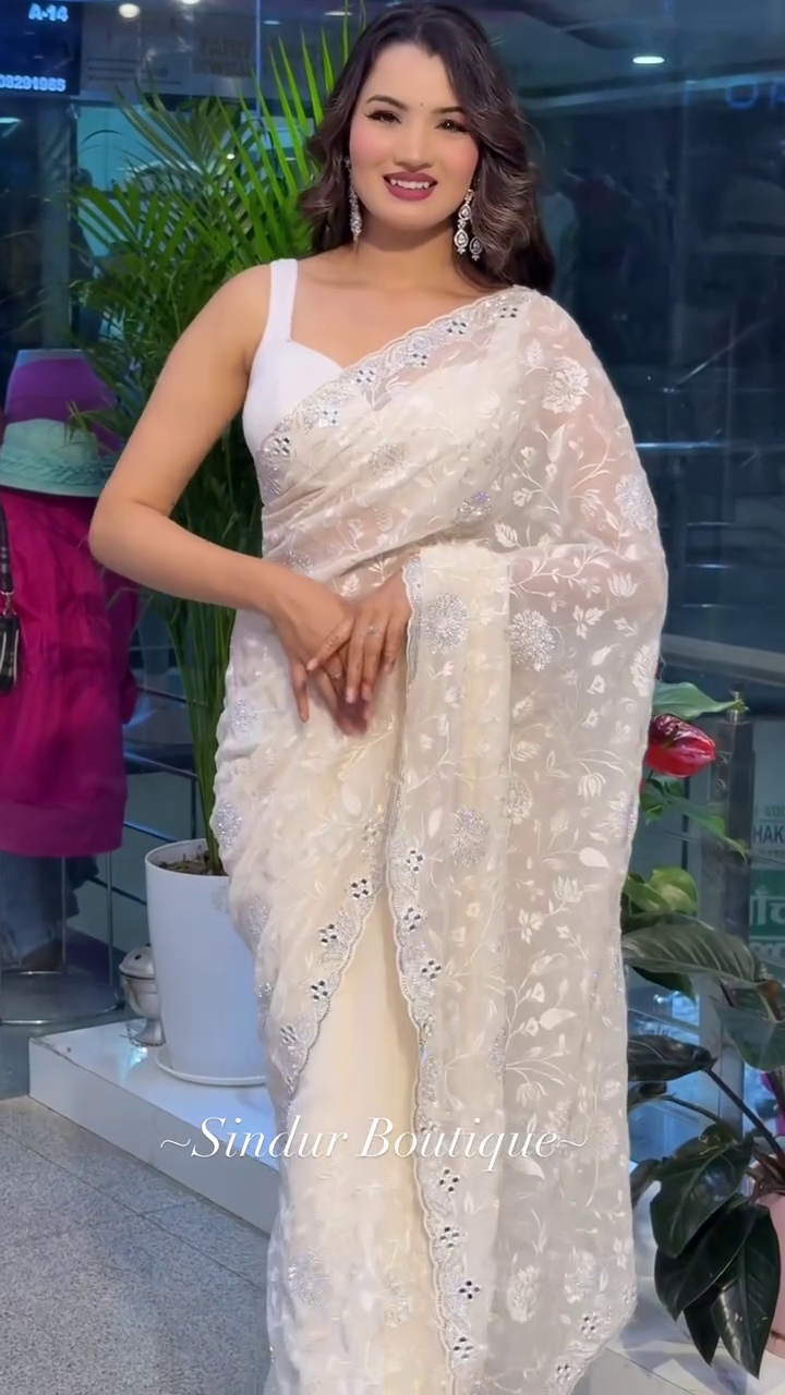 Elegant White Chikankari Embroidered Saree with Sequins Work - Image 7
