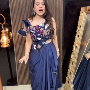 Embroidered Rust Orange Net Saree with Floral Blouse