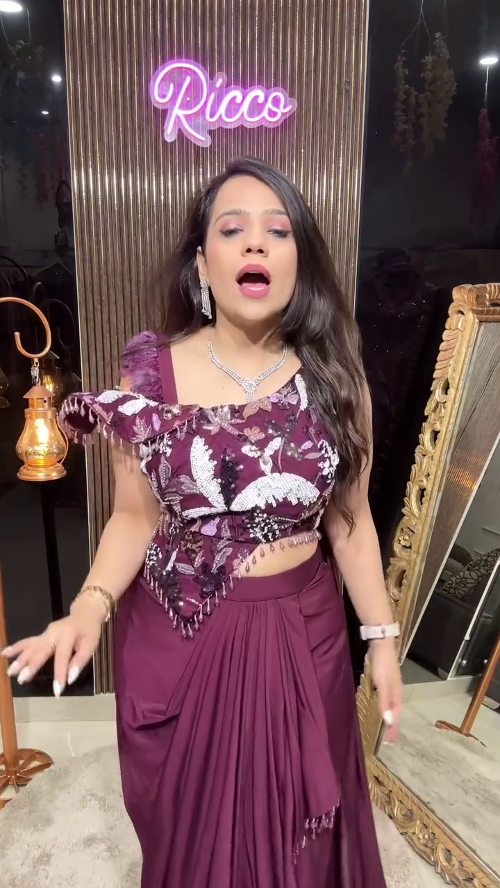 Embroidered Rust Orange Net Saree with Floral Blouse - Image 6