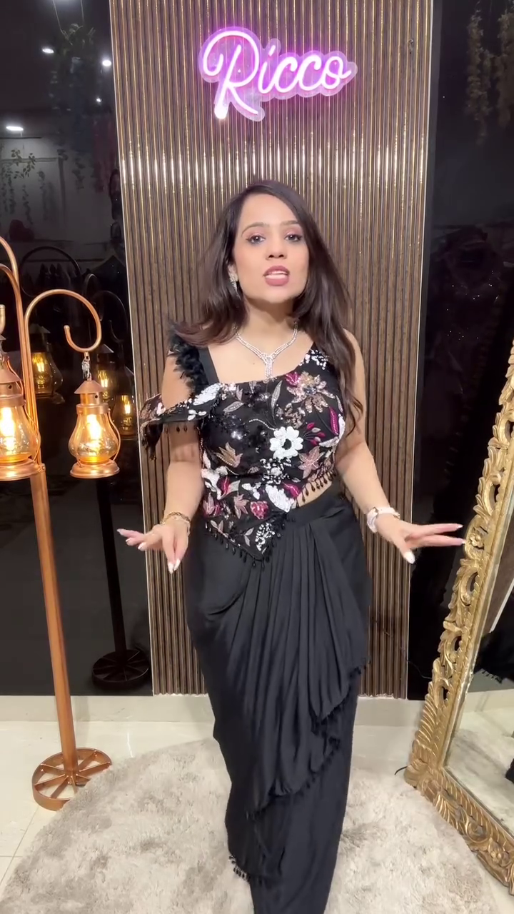 Embroidered Rust Orange Net Saree with Floral Blouse - Image 8