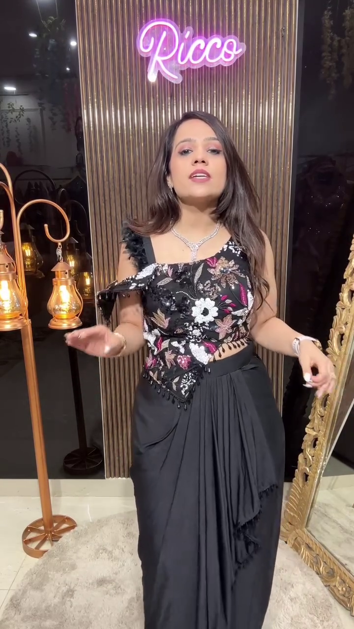 Embroidered Rust Orange Net Saree with Floral Blouse - Image 9