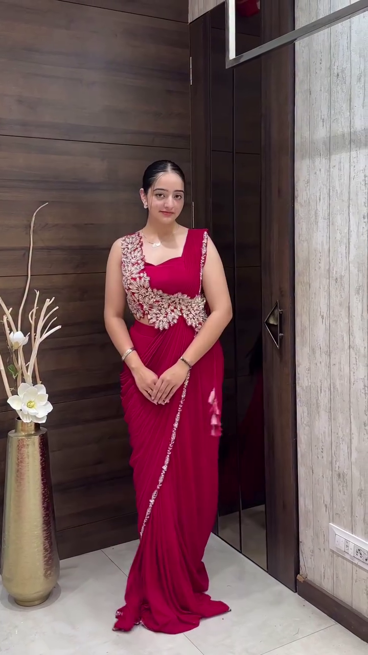 Designer Draped Saree Gown with Embroidered Waist Detail