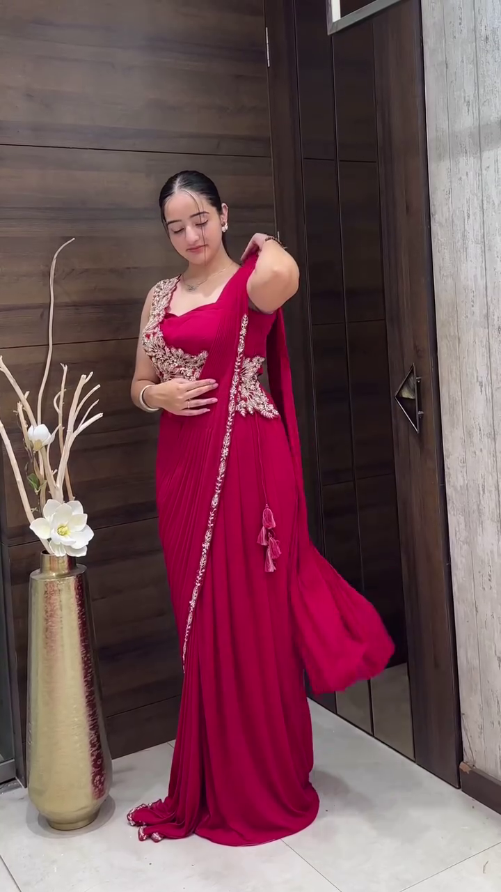 Designer Draped Saree Gown with Embroidered Waist Detail - Image 4