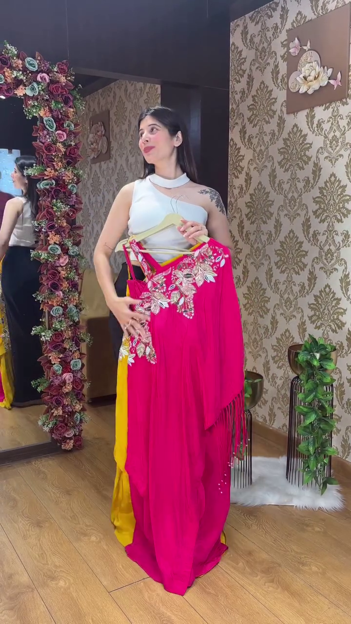 Rani Pink One-Shoulder Embroidered Indo-Western Set - Image 2