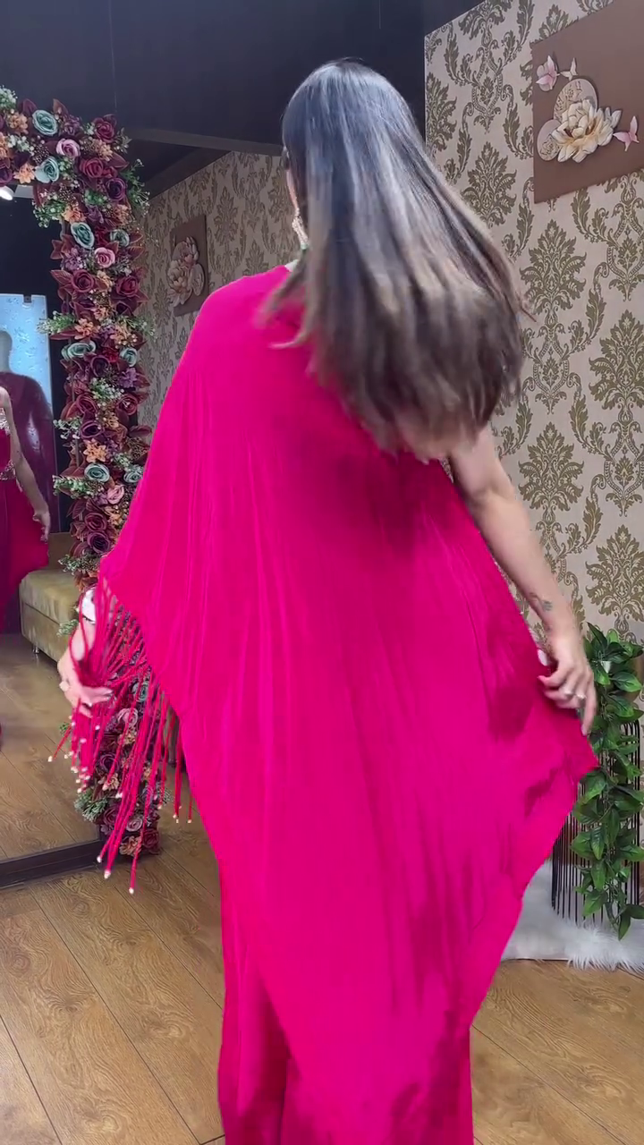 Rani Pink One-Shoulder Embroidered Indo-Western Set - Image 6