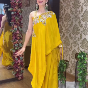 Rani Pink One-Shoulder Embroidered Indo-Western Set